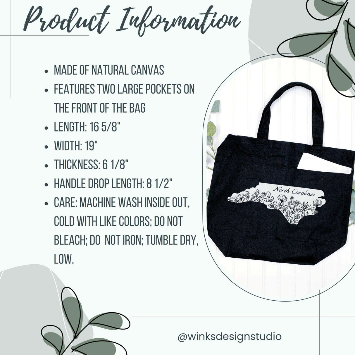 SCBA Logo Tote with Pockets made of natural canvas with product information including dimensions and care instructions