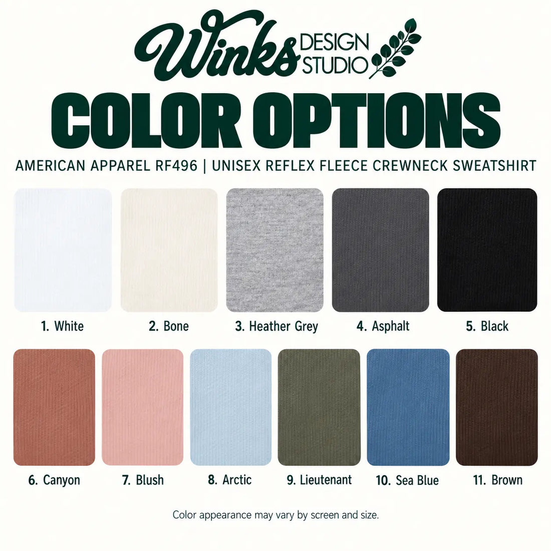 A color options chart for a fleece crewneck sweatshirt by Winks Design Studio, showing 12 fabric swatches labeled 1 through 11 with names like White, Bone, Heather Grey, Asphalt, Black, Canyon, Blush, Arctic, Lieutenant, Sea Blue, and Brown.