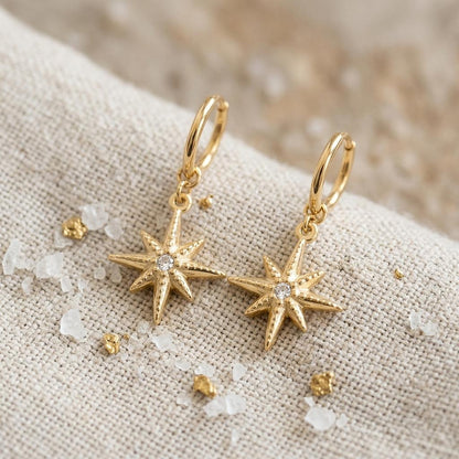 18K Gold Compass Huggie Earrings | CZ Charm Hoops - Winks Design Studio,LLC