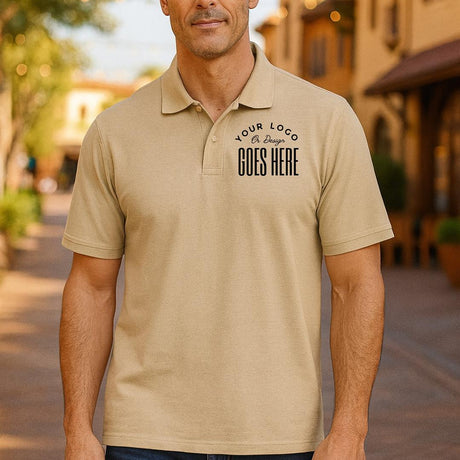 Man wearing a beige polo shirt with customizable text on a blurred street background