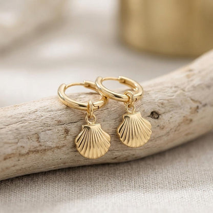 18K Gold Shell Pendant Huggie Earrings - Winks Design Studio,LLC