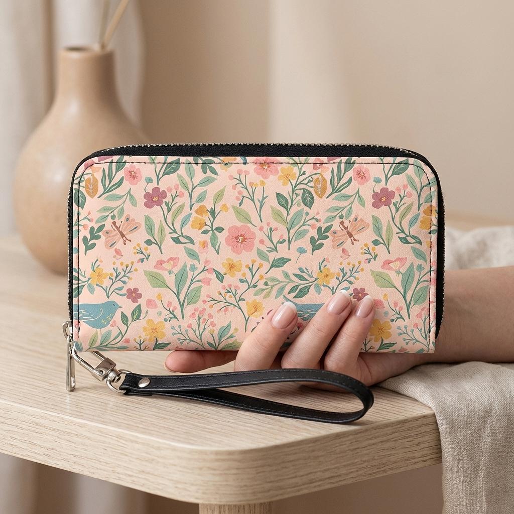 Winks Design Studio leather wallet with storybook garden design, featuring multiple card slots and a sleek, compact shape.