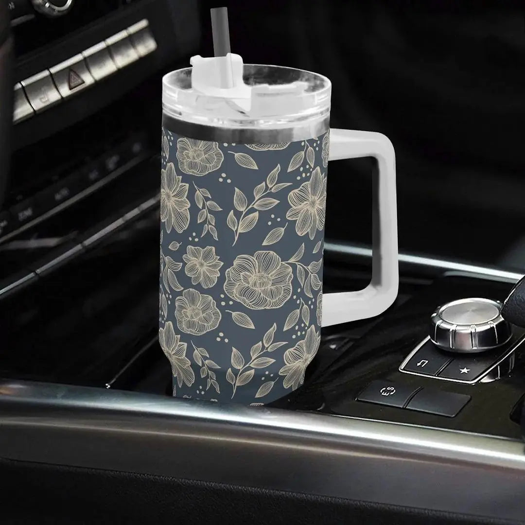 Midnight Garden 40oz stainless steel tumbler with floral design by Winks Design Studio, LLC.