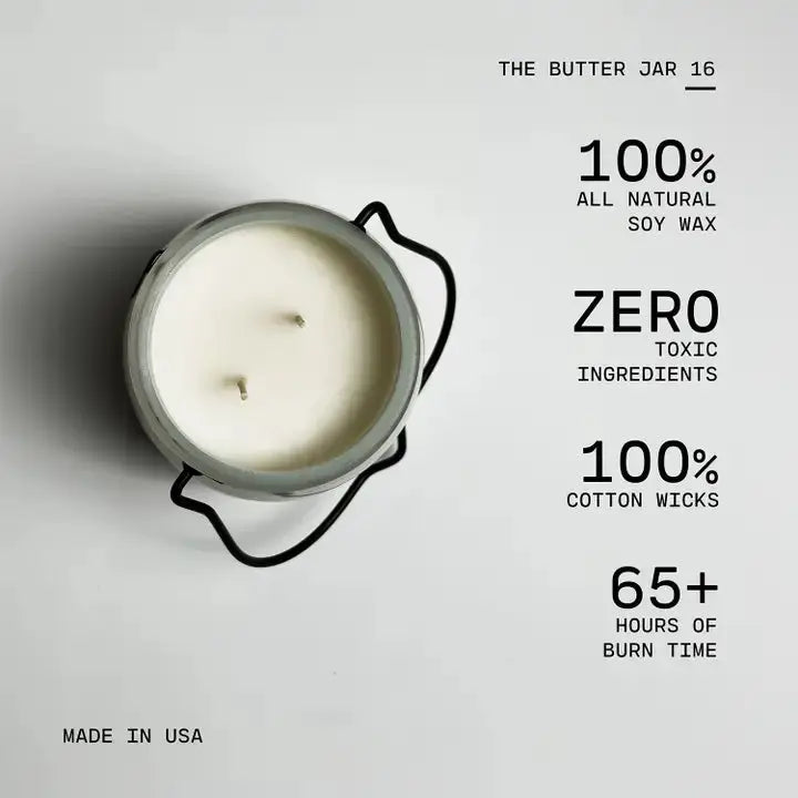 Winks Design Studio Milkhouse Candle Coffee Break 16 oz butter jar candle with cozy coffee-themed design and warm glow