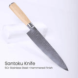 Santoku knife with wooden handle on a white background