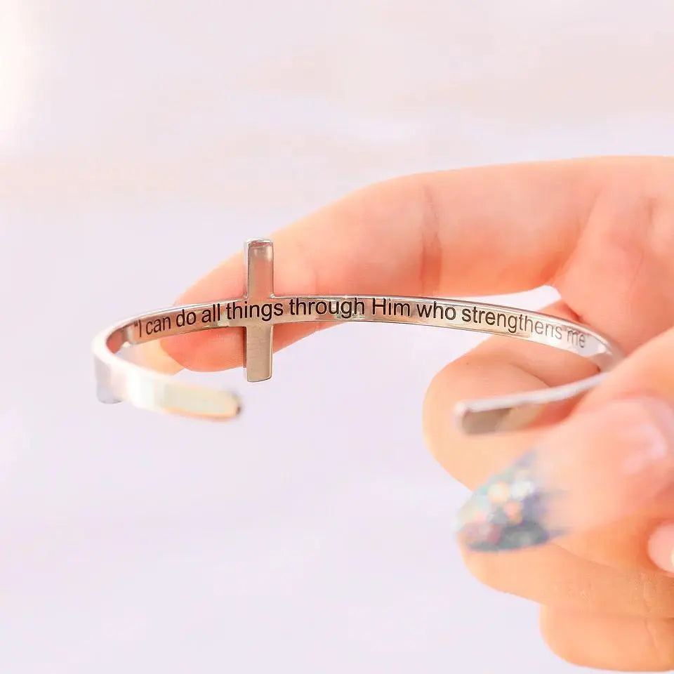 18K gold bracelet with Philippians 4:13 cross cuff design from Winks Design Studio, LLC, featuring a sleek, minimalist jewelry style.