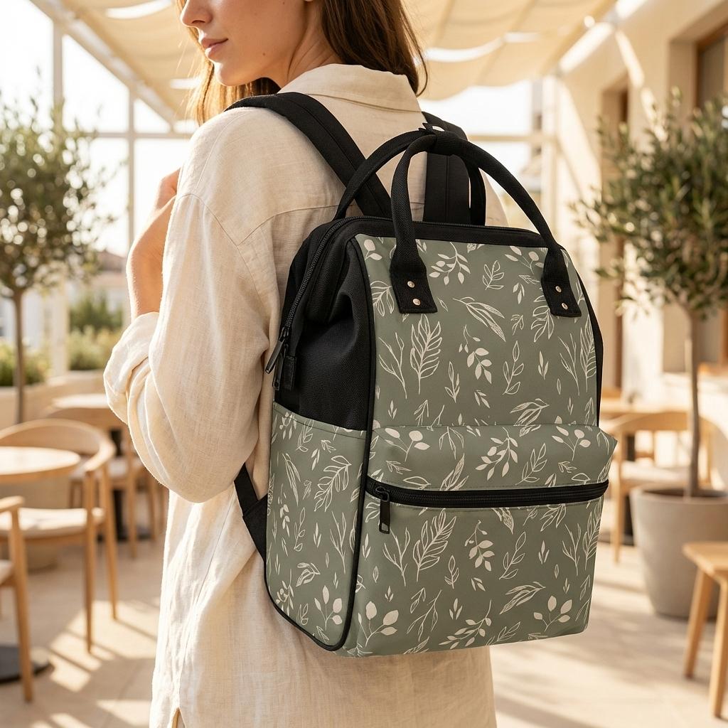 Sage and stem duckbilled backpack by Winks Design Studio, LLC featuring a green and brown design with adjustable shoulder straps.
