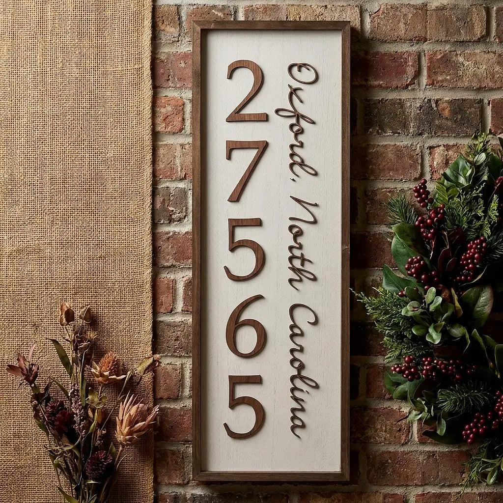 Personalized wood wall art featuring city, state, and zip code in a vertical design, 1ft x 3ft, by Winks Design Studio LLC.