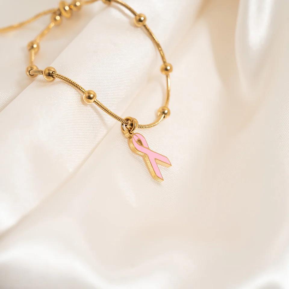 18K Gold Adjustable Bangle with Cancer Ribbon