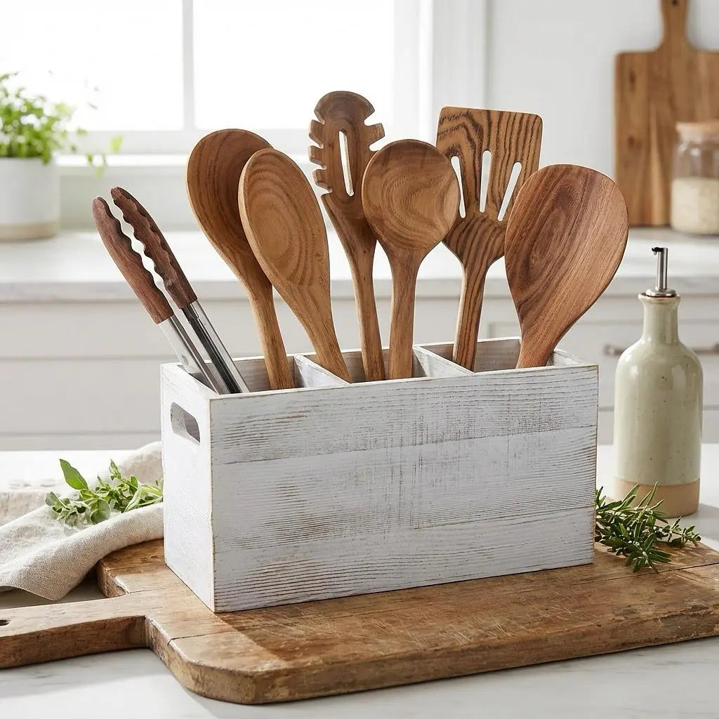 8-piece teak wooden kitchen utensil set from Winks Design Studio featuring cooking spoons and kitchen tools for home cooking.
