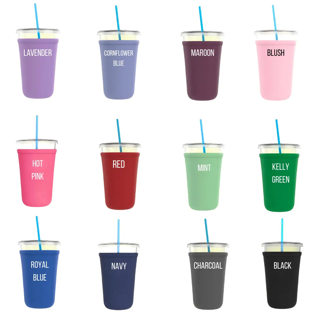 Custom neoprene cup sleeves by Winks Design Studio, LLC, featuring colorful, insulated sleeves for hot and cold beverages.