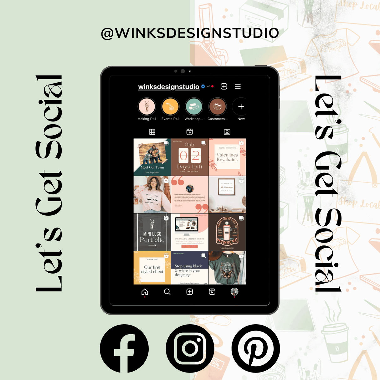 The image is a promotional graphic for a design studio called WINKDESIGNSTUDIO, featuring a tablet displaying a social media interface with various social media icons and a message encouraging social engagement.