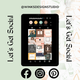 The image is a promotional graphic for a design studio called WINKDESIGNSTUDIO, featuring a tablet displaying a social media interface with various social media icons and a message encouraging social engagement.