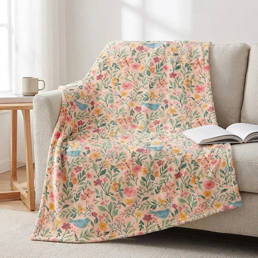Winks Design Studio LLC Storybook Garden fleece blanket featuring colorful floral and garden illustrations, soft and cozy fabric.