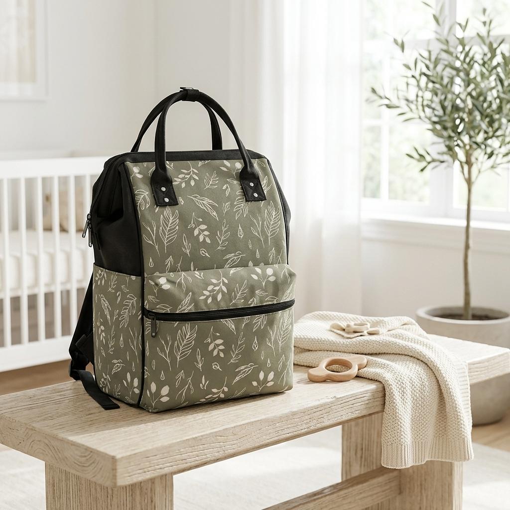 Sage green Duckbilled backpack by Winks Design Studio, LLC with adjustable straps and front zipper pocket.