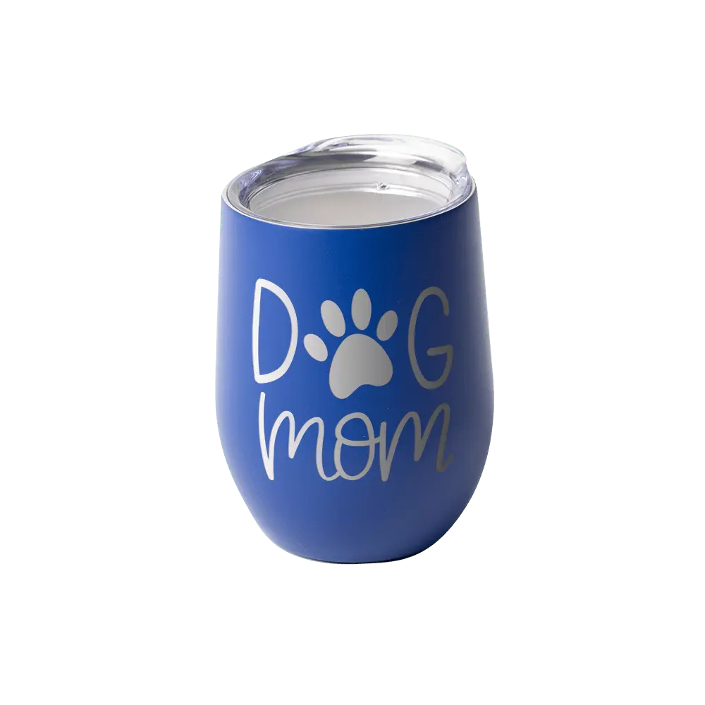 Custom 12oz stemless wine glass by Winks Design Studio, LLC, featuring engraved design on blue drinkware, perfect for wine drinking.