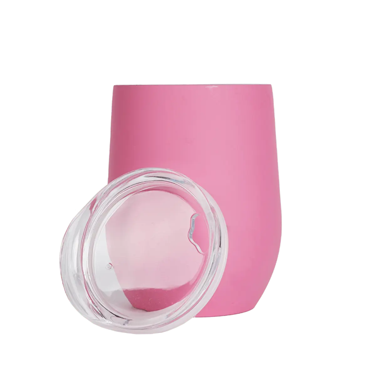 Pink 12oz stemless wine glass with lid from Winks Design Studio, LLC, showcasing a stylish and modern drinkware design.