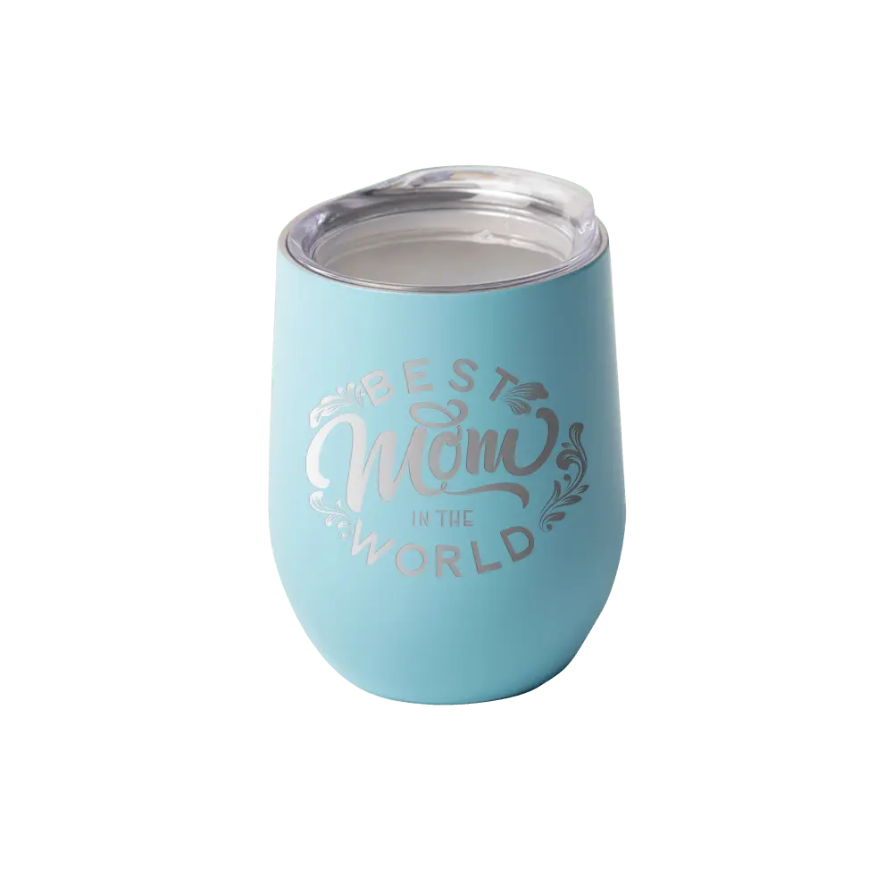 Custom 12oz stemless wine glass from Winks Design Studio, LLC, featuring engraved design on clear drinkware for wine or beverages.