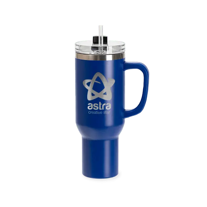 Royal blue 40oz powder coated tumbler with handle from Winks Design Studio, LLC, featuring simple engraving and Astra logo.