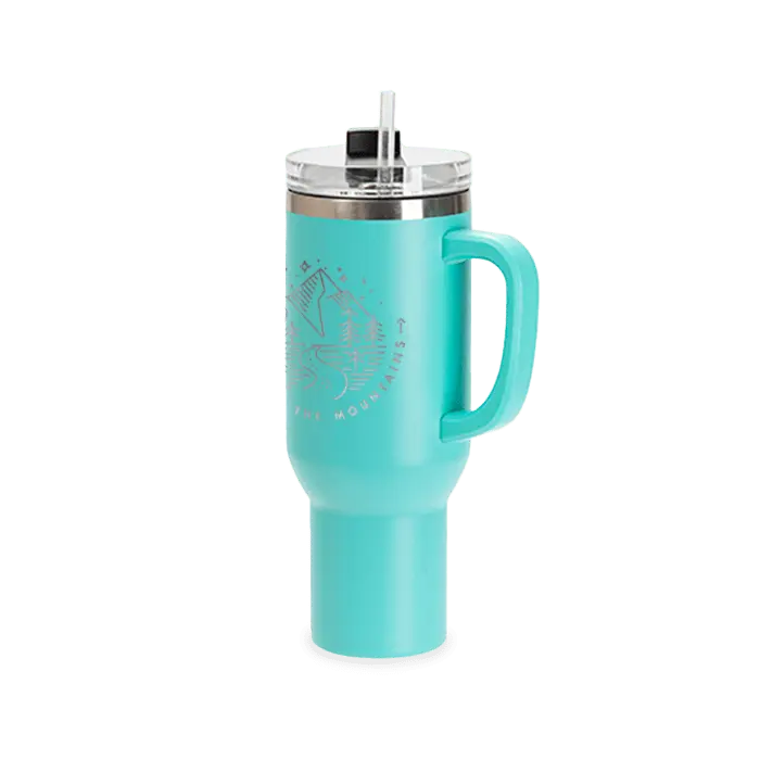 Seafoam 40oz powder-coated tumbler with handle by Winks Design Studio, LLC, featuring mountain design engraving.