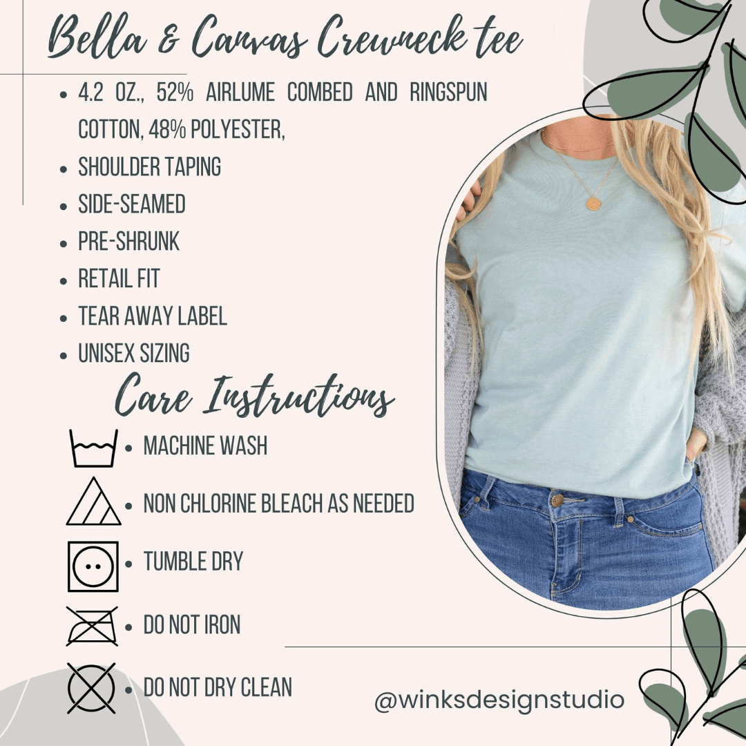 a care instructions guide for a crewneck t-shirt, including washing instructions, care labels, and other guidelines.