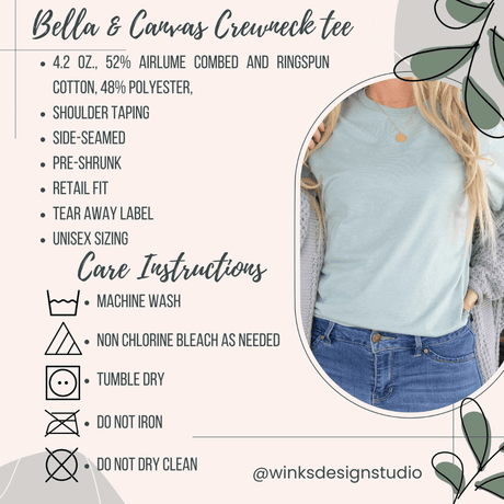 a care instructions guide for a crewneck t-shirt, including washing instructions, care labels, and other guidelines.