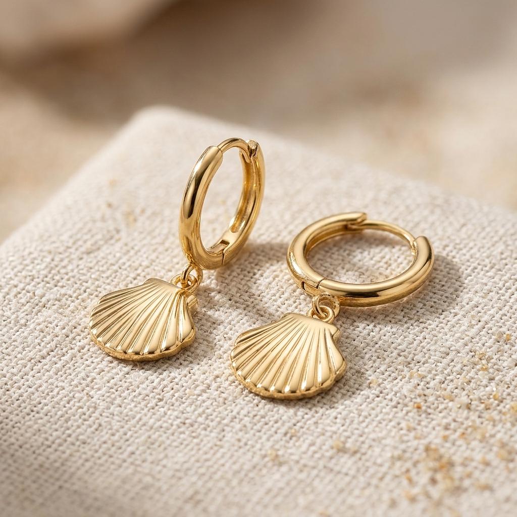 18K Gold Shell Pendant Huggie Earrings - Winks Design Studio,LLC
