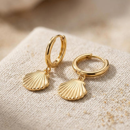 18K Gold Shell Pendant Huggie Earrings - Winks Design Studio,LLC