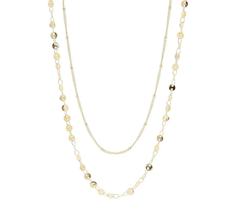 18K gold layered necklace with circle and satellite chain design from Winks Design Studio, LLC.