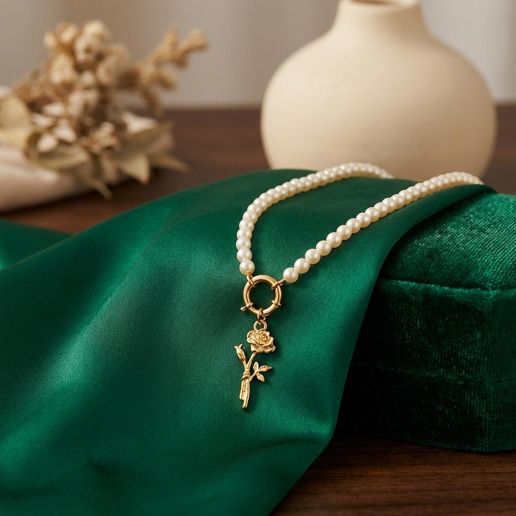 Gold rose flower charm from Winks Design Studio jewelry collection, featuring detailed petal and leaf design.