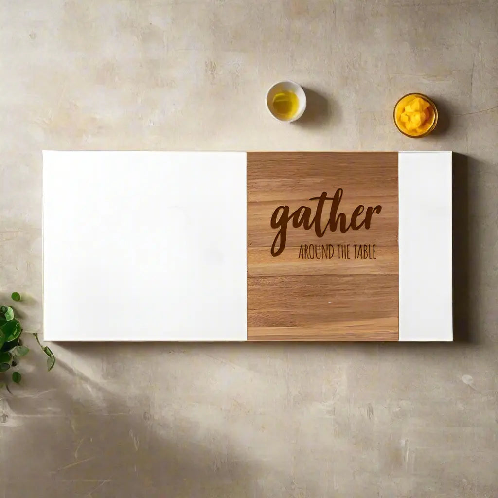 Engraved marble and acacia serving board by Winks Design Studio, LLC, featuring a decorative engraved pattern on faux marble surface.
