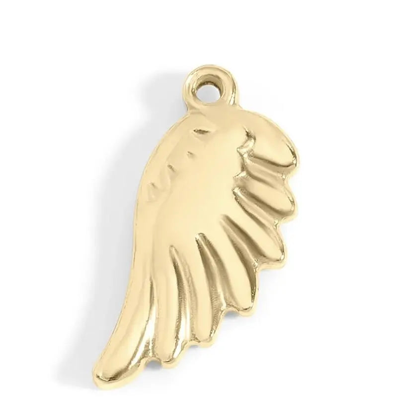 18K gold angel wing charm from Winks Design Studio, LLC, showing detailed feather design and polished finish.