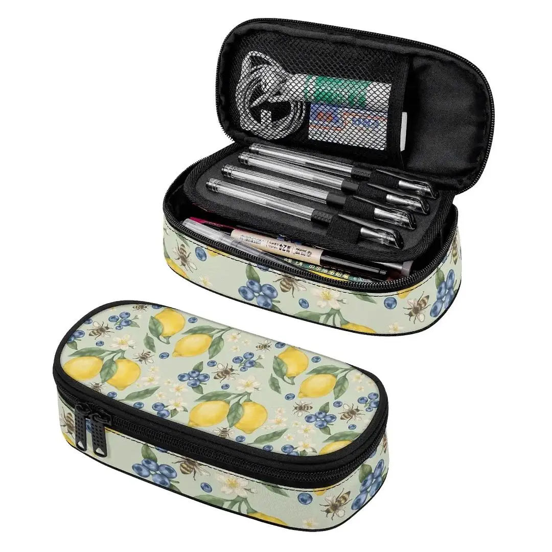Lemonberry Bloom 3 Layer pencil bag by Winks Design Studio, LLC with colorful floral pattern and multiple compartments.