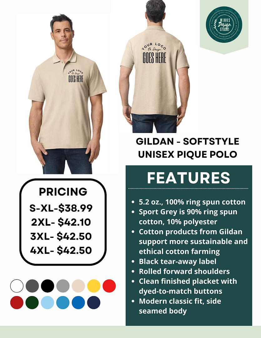 Beige polo shirt with branding space, pricing, and features displayed on a white background.