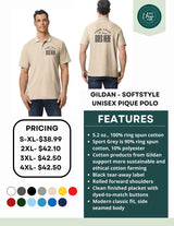 Beige polo shirt with branding space, pricing, and features displayed on a white background.