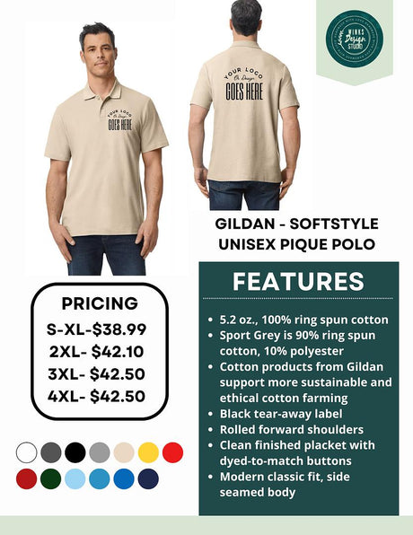 Beige polo shirt with branding space, pricing, and features displayed on a white background.