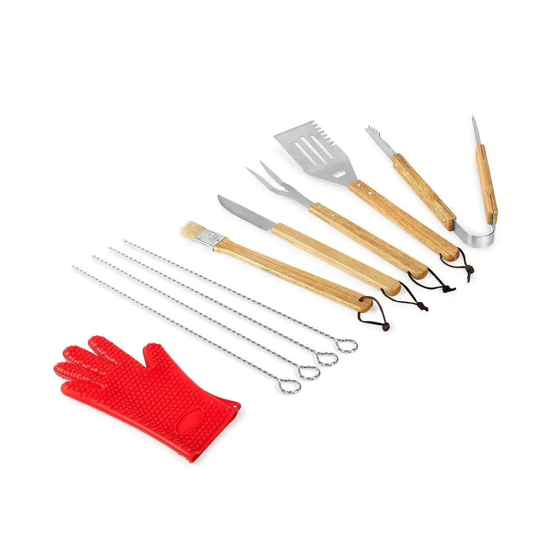 Custom engraved 11-piece BBQ grill set by Winks Design Studio, LLC, featuring grilling tools with personalized engraved handles.