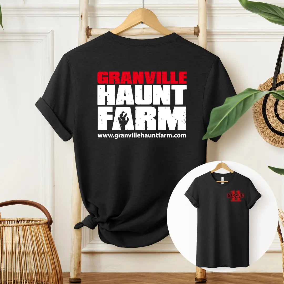 Winks Design Studio LLC Granville Haunt Farm T-shirt featuring spooky farm graphic on black cotton fabric.