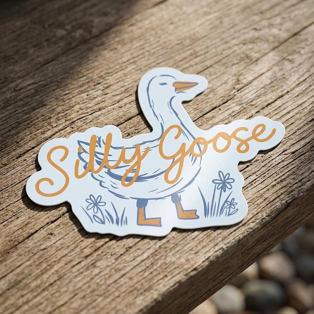 Colorful Silly Goose vinyl sticker from Winks Design Studio, LLC, showing a playful goose character on a clear background.