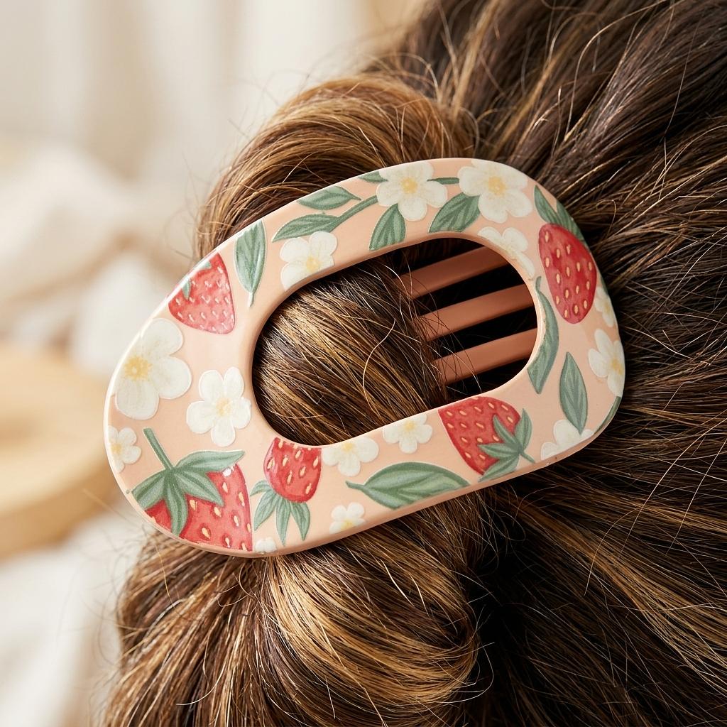Sweet Summer Strawberry claw clip by Winks Design Studio, cute fruit hair accessory with strong grip for women and teens