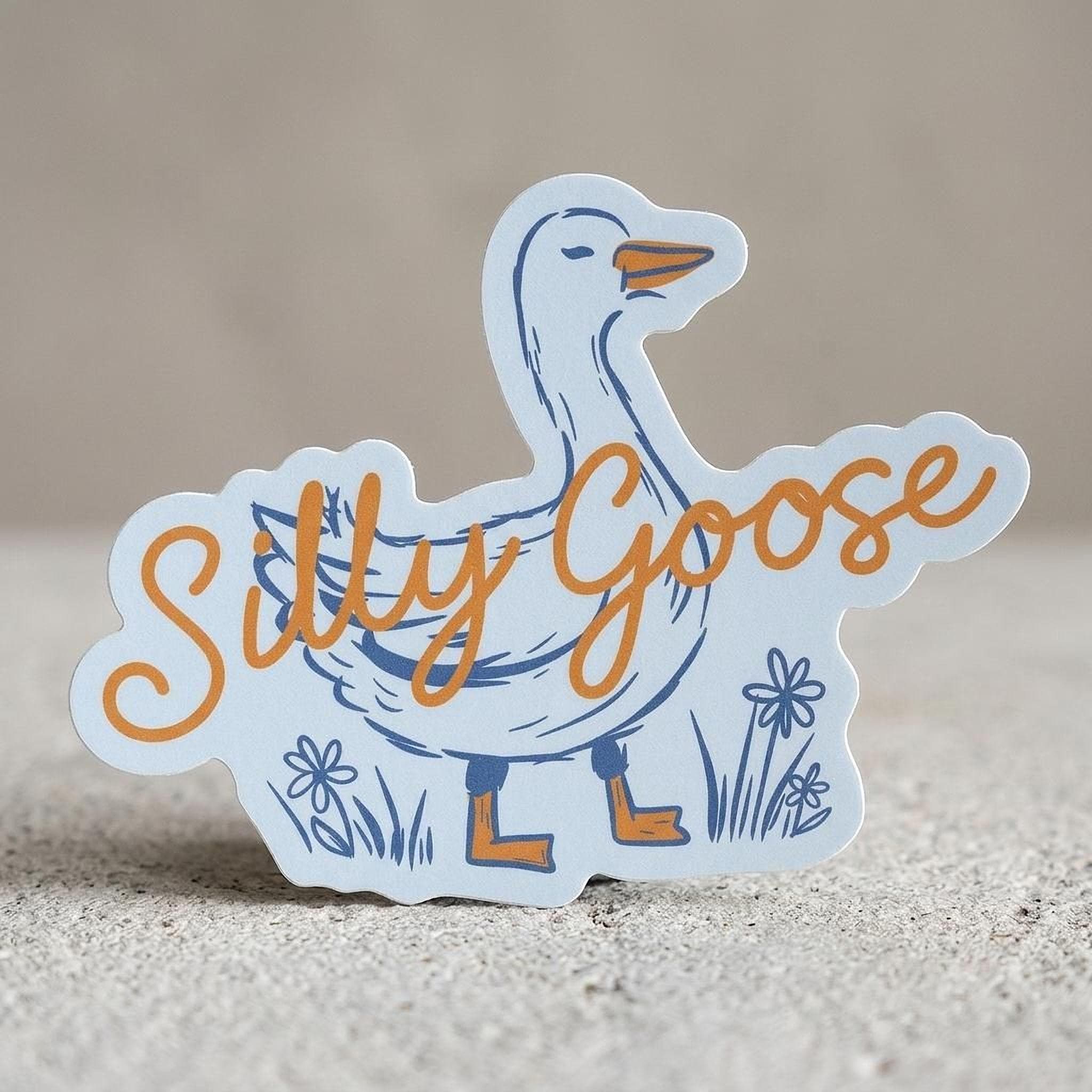 A sticker depicting a cartoon goose with the text &amp;quot;Silly Goose&amp;quot; written on it.