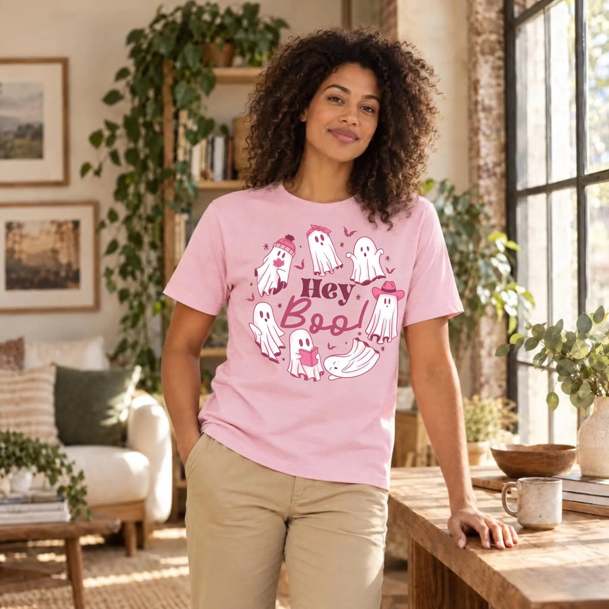 Smiling woman in a light pink t-shirt with a &amp;quot;Hey Boo!&amp;quot; Halloween graphic. Cute white ghosts circle the words, some wearing a beanie, a bow, or a pink cowboy hat, and one is reading a book. Small bats fly around them. She wears it with khaki pants in a sunny, plant-filled living room.
