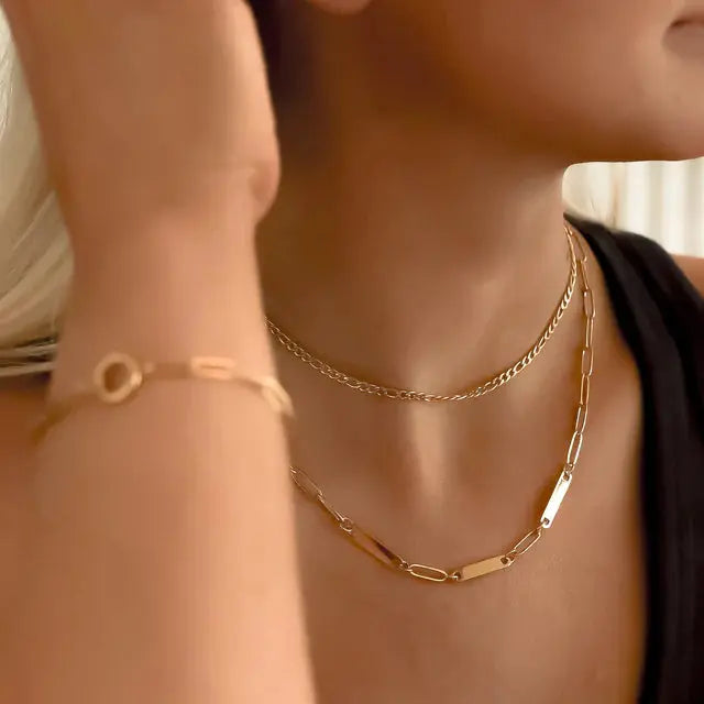 18K gold layered paperclip necklace with three engraved bars from Winks Design Studio, LLC, featuring a modern, stylish design.