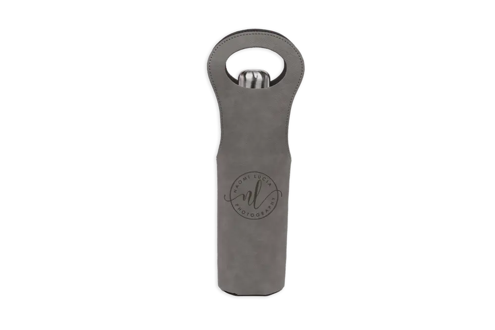 Gray leather wine tote sleeve with engraved design, handcrafted by Winks Design Studio,LLC.