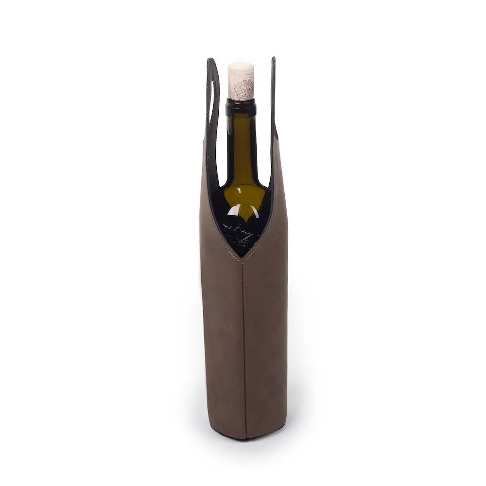 Custom leather wine tote from Winks Design Studio LLC, stylish wine sleeve with durable leather exterior and carrying handle.