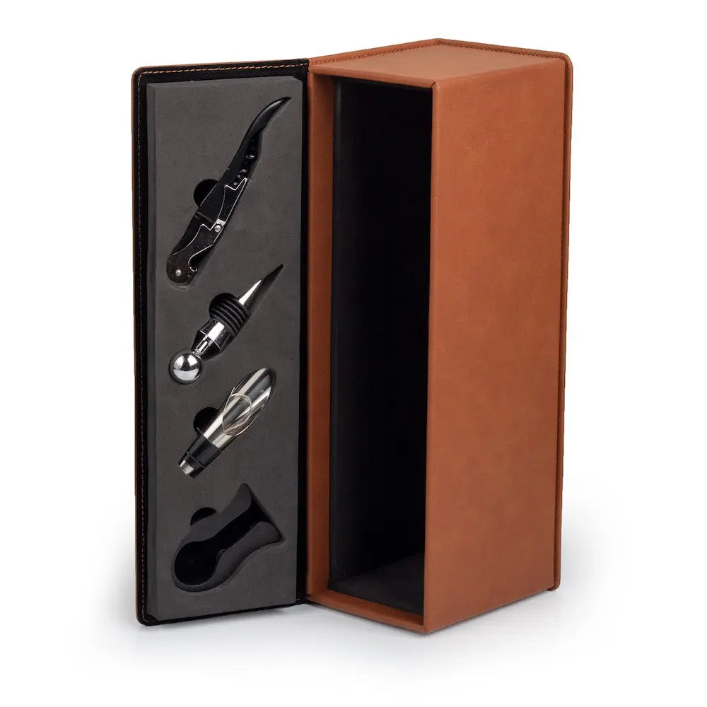 Custom engraved wooden wine box from Winks Design Studio, LLC, featuring personalized engraving and a secure latch.