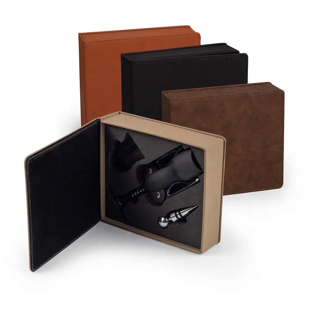 Custom engraved square wine box from Winks Design Studio, LLC, with a wine bottle and glasses inside, suitable for gifting or storage.