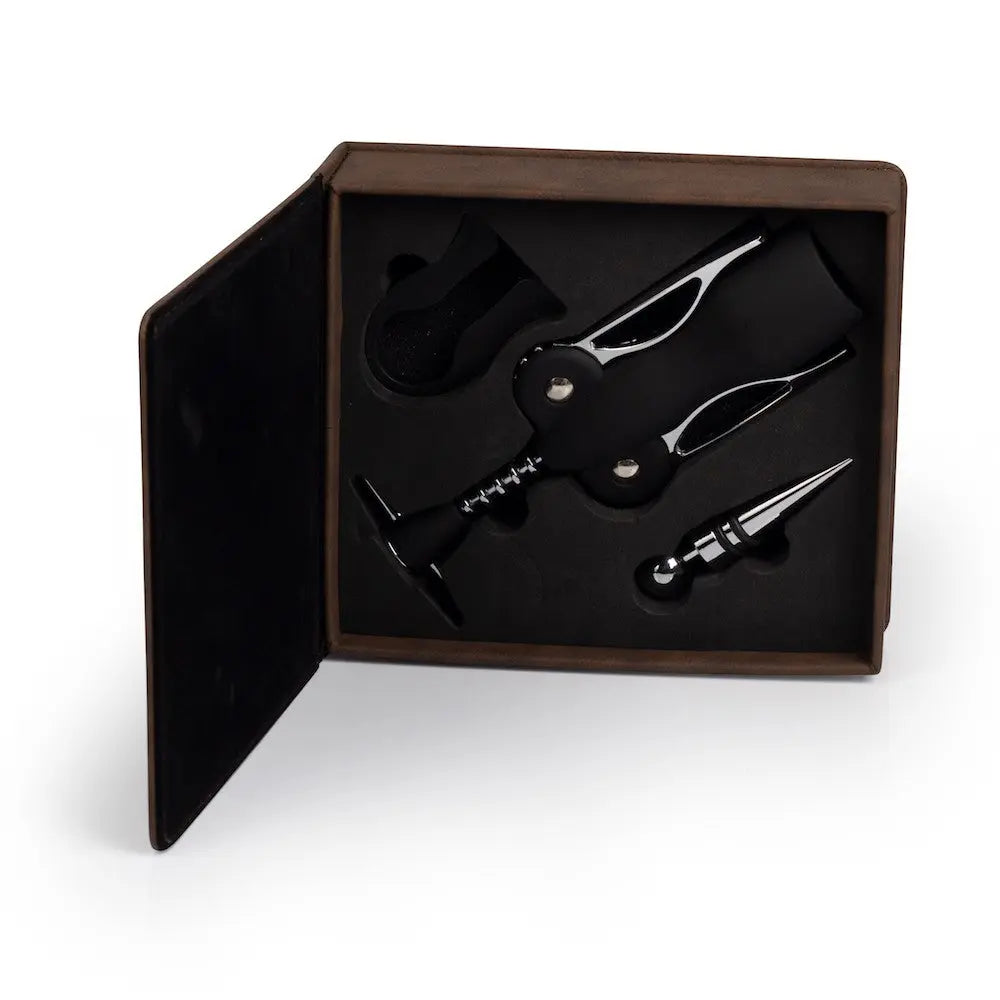 Custom engraved square wine box from Winks Design Studio, LLC, featuring a sleek wooden wine storage and presentation set.