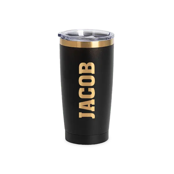 20oz stainless steel insulated tumbler with holographic gold engraving by Winks Design Studio, LLC, featuring a sleek black finish.