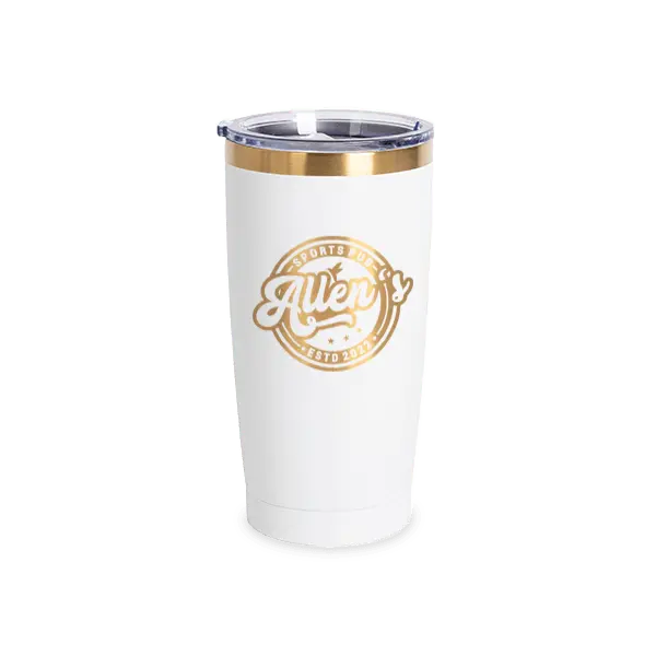 Custom 20oz stainless steel insulated tumbler by Winks Design Studio with holographic engraving, white and gold finish, sports pub logo